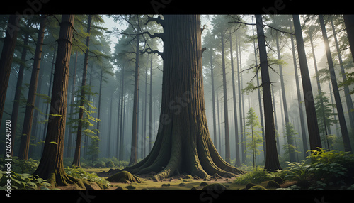 The forest has young trees, big trees, and wide and tall forests.