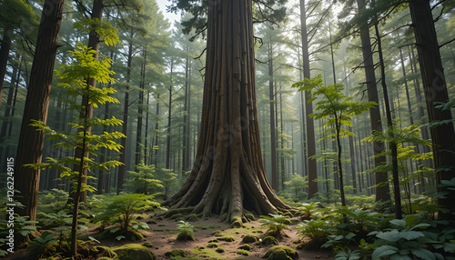 The forest has young trees, big trees, and wide and tall forests.
