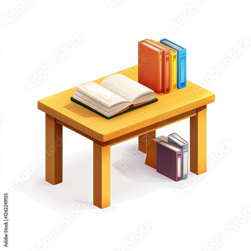 Open book on wooden table, bookshelves, isometric view, study photo