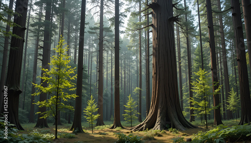 The forest has young trees, big trees, and wide and tall forests.