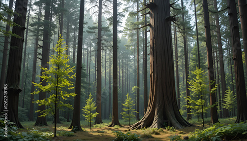 The forest has young trees, big trees, and wide and tall forests.