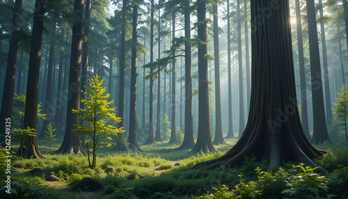 The forest has young trees, big trees, and wide and tall forests.