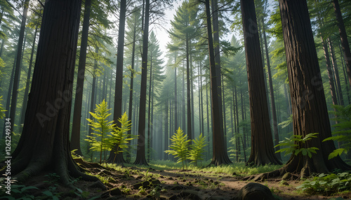 The forest has young trees, big trees, and wide and tall forests.
