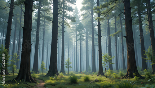 The forest has young trees, big trees, and wide and tall forests.