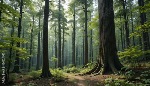 The forest has young trees, big trees, and wide and tall forests.