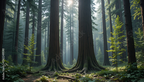 The forest has young trees, big trees, and wide and tall forests.