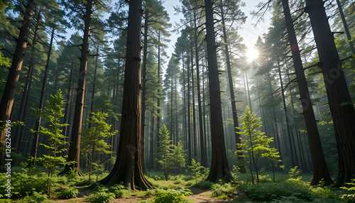 The forest has young trees, big trees, and wide and tall forests.