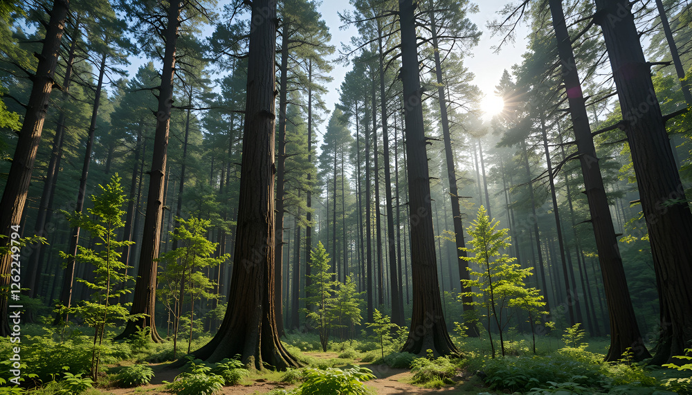 Obraz premium The forest has young trees, big trees, and wide and tall forests.