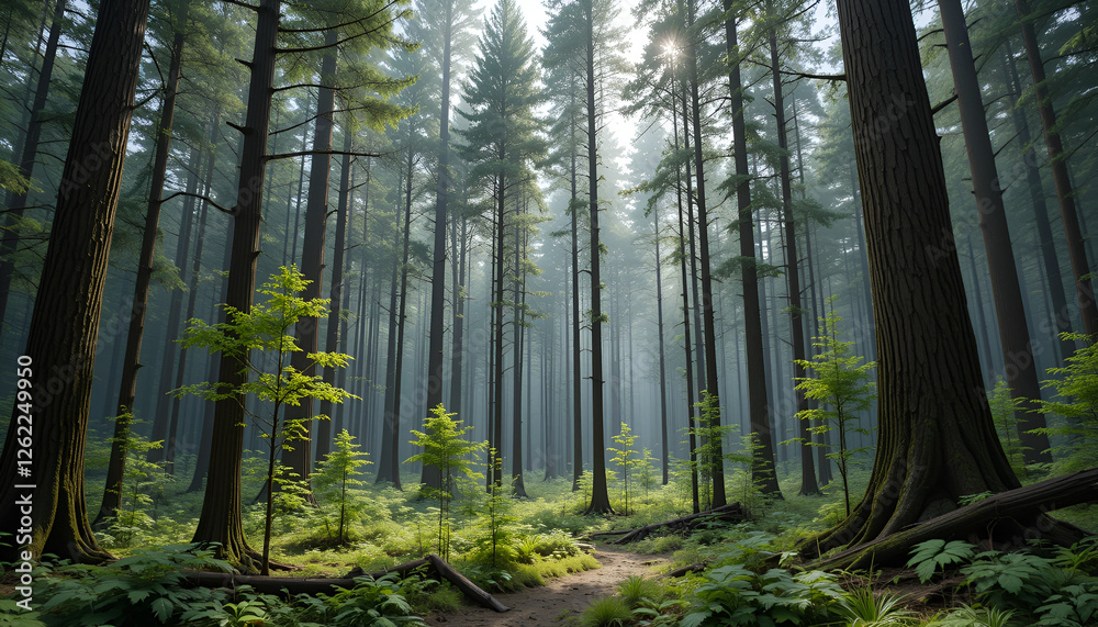 Obraz premium The forest has young trees, big trees, and wide and tall forests.