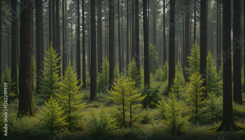 The forest has young trees, big trees, and wide and tall forests.