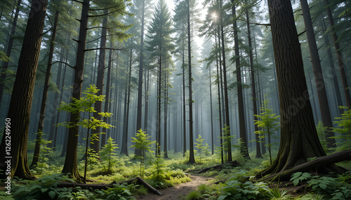 The forest has young trees, big trees, and wide and tall forests.