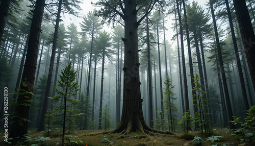 The forest has young trees, big trees, and wide and tall forests.