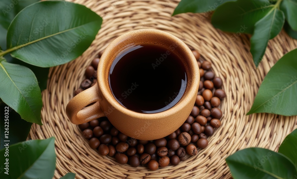 Artistic coffee presentation with leaves Artistic coffee presentation with leaves