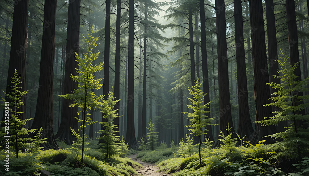 Obraz premium The forest has young trees, big trees, and wide and tall forests.