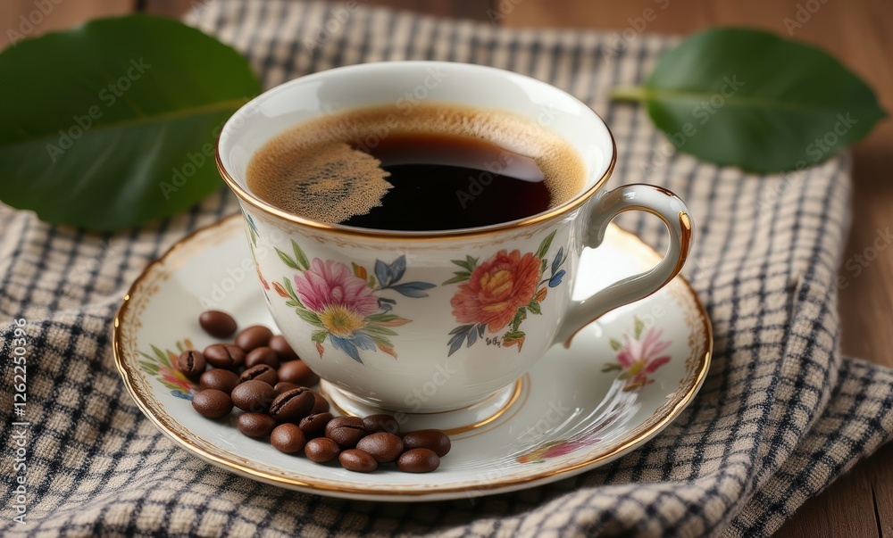 Elegant coffee cup with beans and leaves Elegant coffee cup with beans and leaves