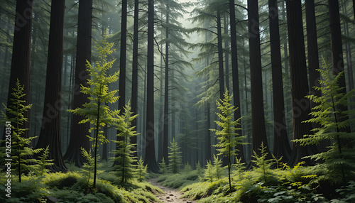 The forest has young trees, big trees, and wide and tall forests.