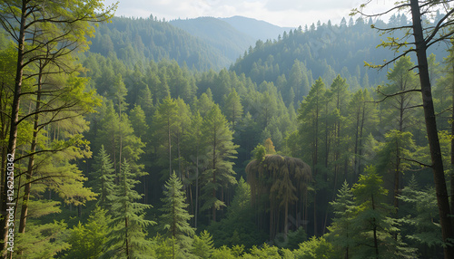 The forest has young trees, big trees, and wide and tall forests.