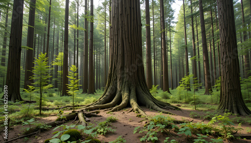 The forest has young trees, big trees, and wide and tall forests.