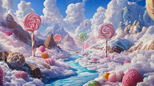 Fantasy candyland with giant lollipops, cotton candy clouds, and a sugar river