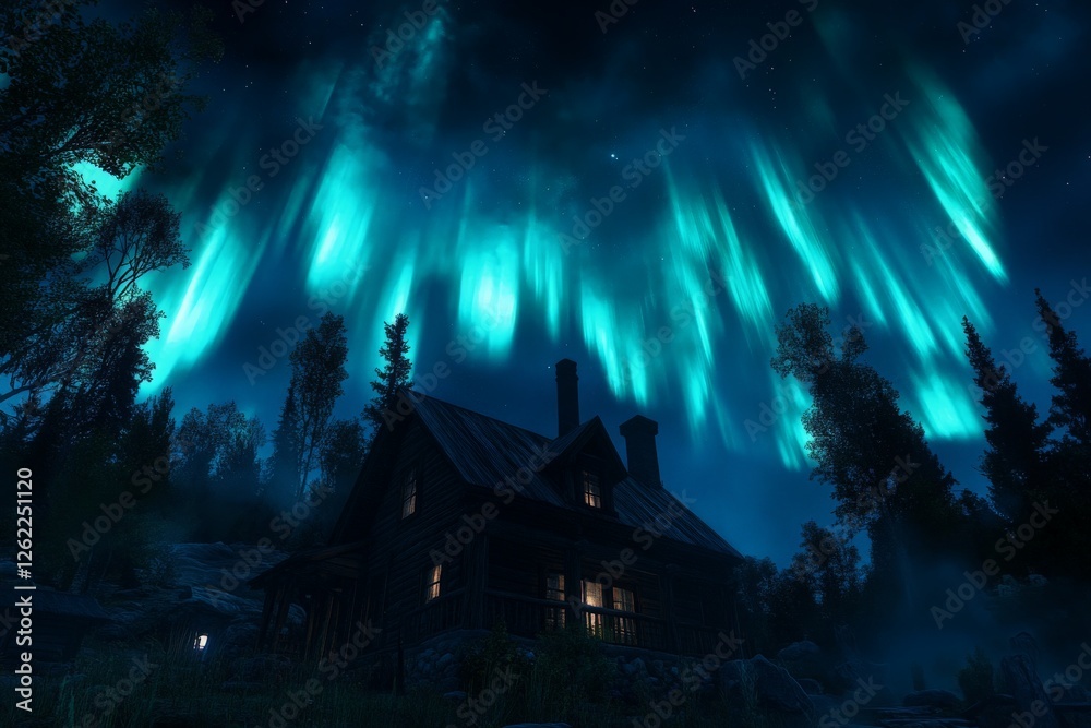 Obraz premium Northern lights illuminating a dark winter cabin in a forest surrounded by dense trees under a star filled sky, creating an ethereal and tranquil Arctic atmosphere