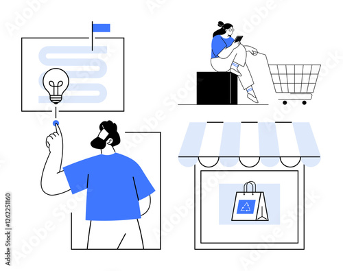 Light bulb and chart represent innovation, while man points towards ideas. Woman shops online, interacting with a cart. Storefront indicates retail context. Ideal for business strategy, innovation