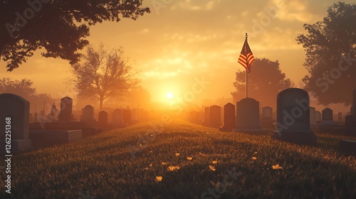 A timeless memorial scene, the eternal flame at Arlington National Cemetery burning strong against a soft sunrise, mist rolling over gravestones, American flag waving faintly in the background,