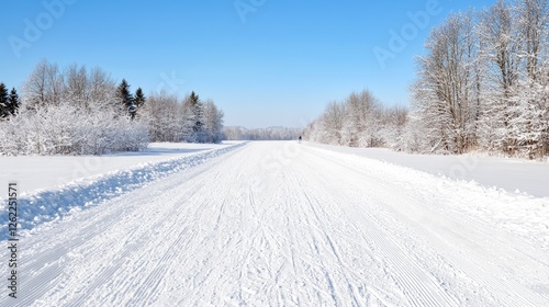 Wallpaper Mural Snowy winter road, trees, clear sky, cross-country skiing Torontodigital.ca
