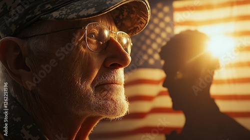 A touching moment of an elderly veteran looking at his own shadow, which appears as his younger self in military uniform, American flag waving behind him, golden hour lighting, cinematic framing, photo