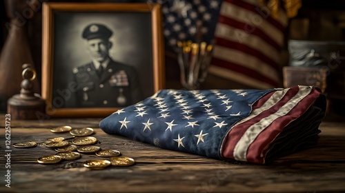 A touching tribute featuring a folded American flag resting on a rustic wooden table, military medals scattered beside it, an old black-and-white photo of a soldier in the background,
