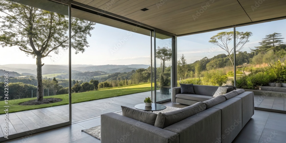 Stunning Double Exposure of a Modern House with Gray Furniture Framed by a Scenic Window View for Interior Design Inspiration Stunning Double Exposure of a Modern House with Gray Furniture Framed by a Scenic Window View for Interior Design Inspiration