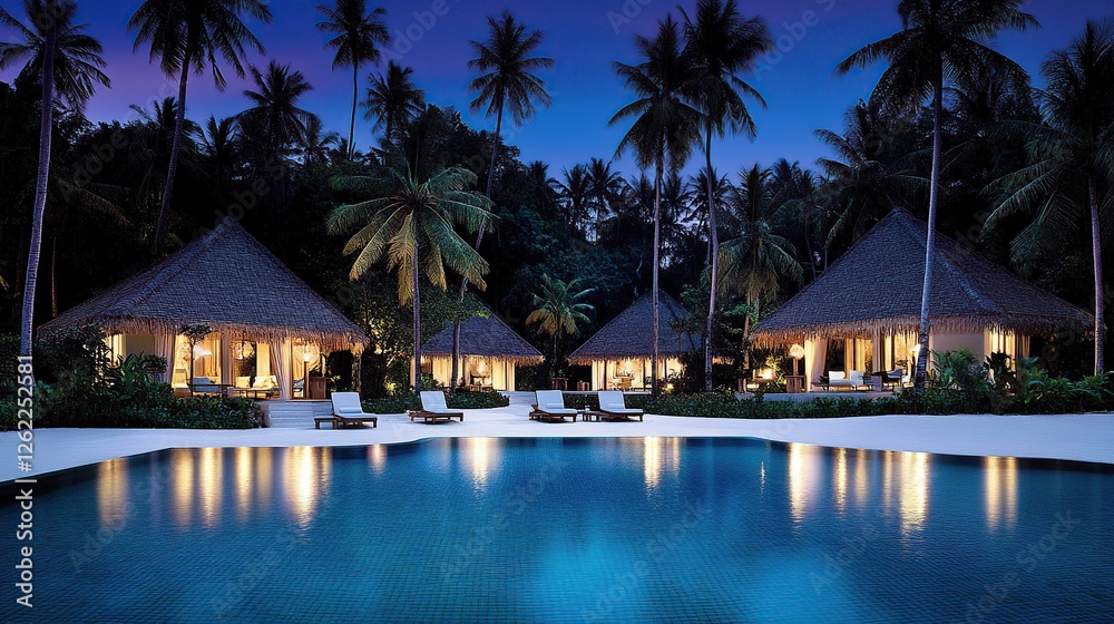 Fototapeta premium Tropical island bungalows, night pool, palm trees, beach, vacation