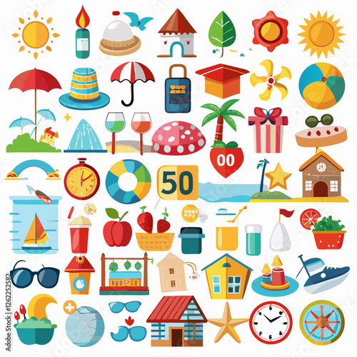 Colorful beach icon vector such as sailboats, beach balls, sun, waves, and more. Perfect for web design, mobile apps, promotional materials, or infographic