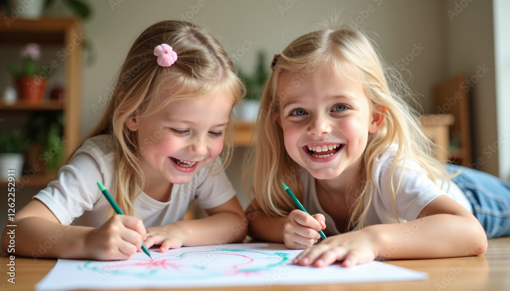 Two Happy Girls Drawing Together Two Happy Girls Drawing Together