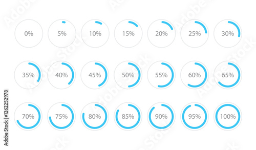 Set of round blue infographic pie charts, template segment of circle icons 0% - 100%, simple flat design loading data interface elements app button ui ux web, vector isolated on white background
