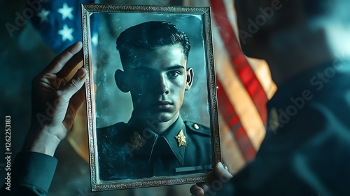 A veteran touching an old photograph of his younger self in uniform, his reflection in the glass showing his past self saluting, American flag draped in the background, cinematic lighting, photo