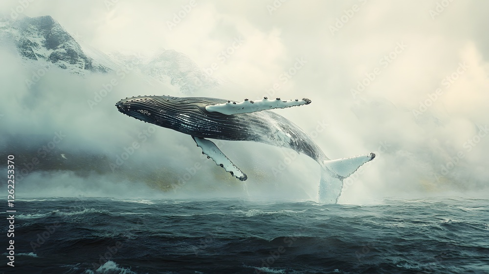 Majestic breaching whale against a dramatic mountain backdrop Majestic breaching whale against a dramatic mountain backdrop