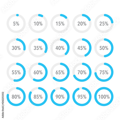 Set of round blue infographic pie charts, template segment of circle icons 0% - 100%, simple flat design loading data interface elements app button ui ux web, vector isolated on white background