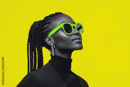 Fashion model posing with fluorescent green sunglasses and braids on yellow background