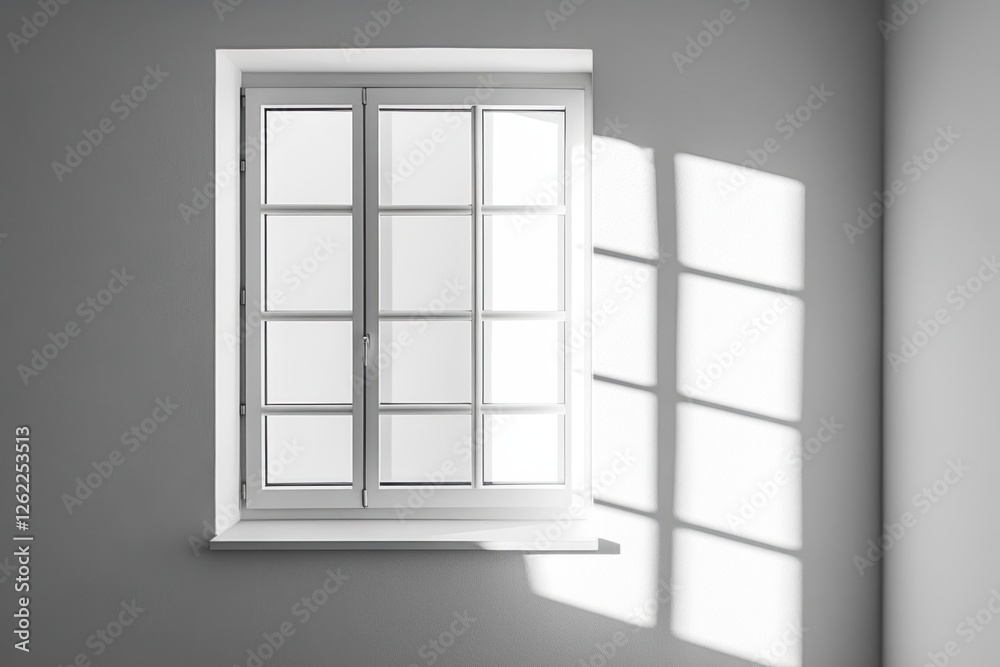 Light streams through a paneled window in a gray room Light streams through a paneled window in a gray room