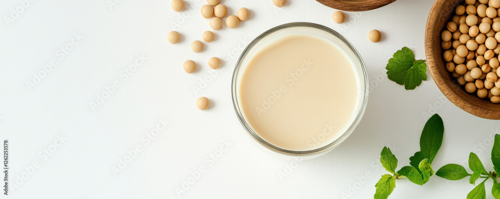 refreshing glass of soy milk surrounded by soybeans and fresh mint leaves, showcasing healthy and natural lifestyle. Perfect for nutritious drink or recipe refreshing glass of soy milk surrounded by soybeans and fresh mint leaves, showcasing healthy and natural lifestyle. Perfect for nutritious drink or recipe