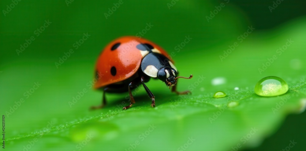 Vibrant ladybug, water droplets on green leaf macro , photography, wildlife Vibrant ladybug, water droplets on green leaf macro , photography, wildlife