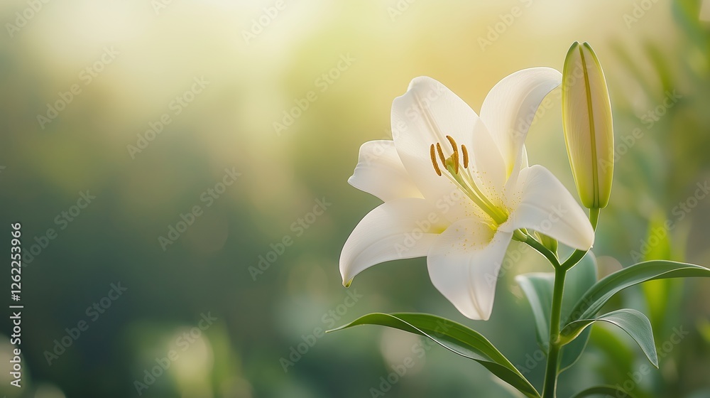 Fototapeta premium Beautiful white lily blooming in a serene garden during golden hour
