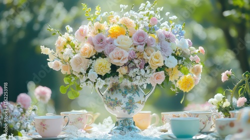 A vase of flowers sits on a table with a few cups and saucers