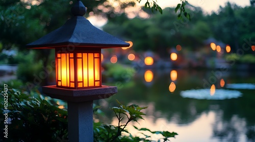 A calming evening walk in a quiet park, soft ambient light from lanterns, gentle breeze rustling the trees photo