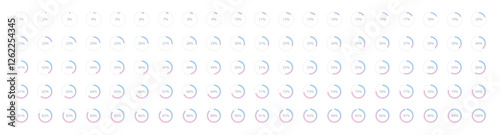 Set of blue pink gradient infographic pie charts, segment of circle icons 0% - 100%, simple flat design loading data interface elements app button ui ux web, vector isolated on white background