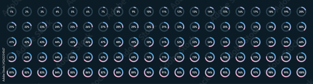 Set of blue pink gradient infographic pie charts, segment of circle icons 0% - 100%, simple flat design loading data interface elements app button ui ux web, vector isolated on dark background Set of blue pink gradient infographic pie charts, segment of circle icons 0% - 100%, simple flat design loading data interface elements app button ui ux web, vector isolated on dark background