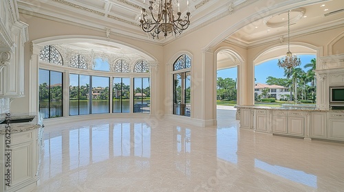 Luxury Florida home's sunlit grand room, showcasing waterway view, for real estate marketing