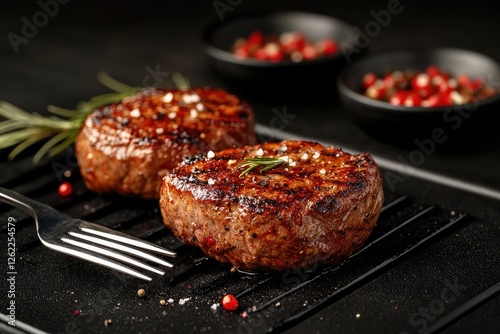 Grilled steaks, rosemary, pepper, dark background, food photography