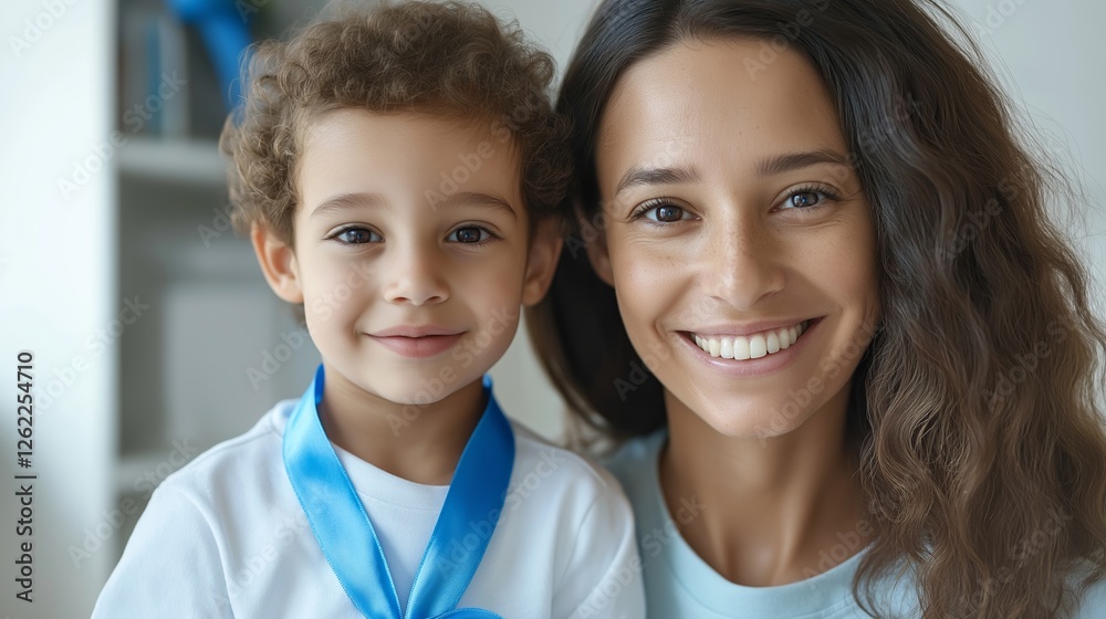 Mother and son celebrate a special achievement together at home with a proud smile Mother and son celebrate a special achievement together at home with a proud smile