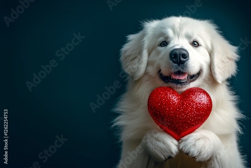 Great pyrenees - my cherished dog. Cute great pyrenees doggy with sparkling rhinestones red heart - emblem of love, funny greeting card. Marketing idea artwork. Heart-shaped toys. Love animals. photo